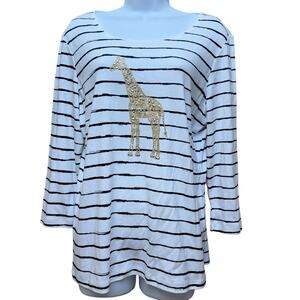 New Karen Scott Top Women's Size Large Beaded Giraffe White Black Striped Tshirt